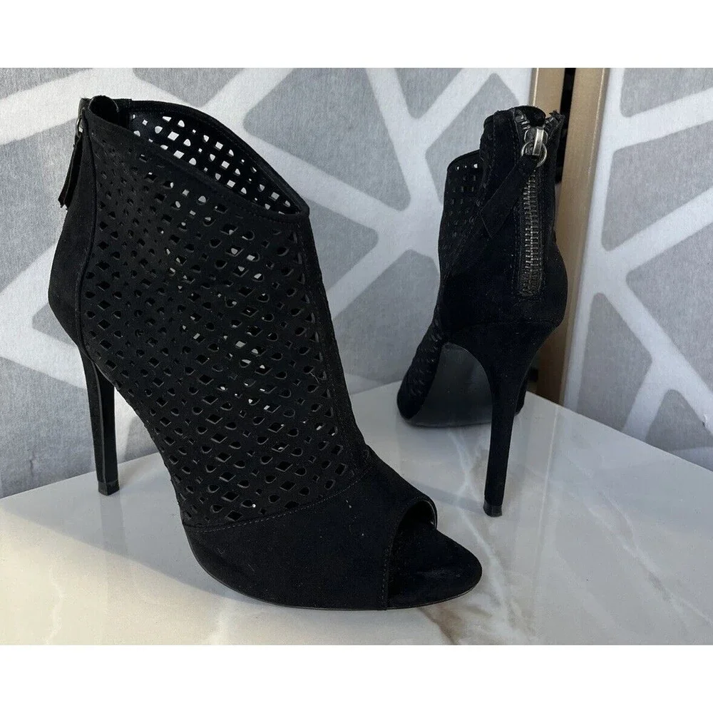 ZARA Black Ultra High Heel Perforated Booties Cut Out Suede Sandals US 8.5 Eu 39